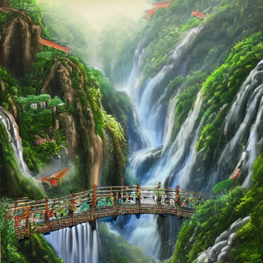 Prompt: dreamy chinese town, high waterfalls, greenery, paradise, magical, digital painting, illustration, bird view, highly detailed, fantasy