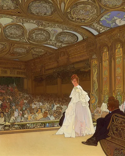 Image similar to painting alphonse mucha, interior of the opera house, view from the hall with a singer in a white dress on a lighted stage with an orchestra and audience in the hall, soft cinematic lighting, pastel color palette