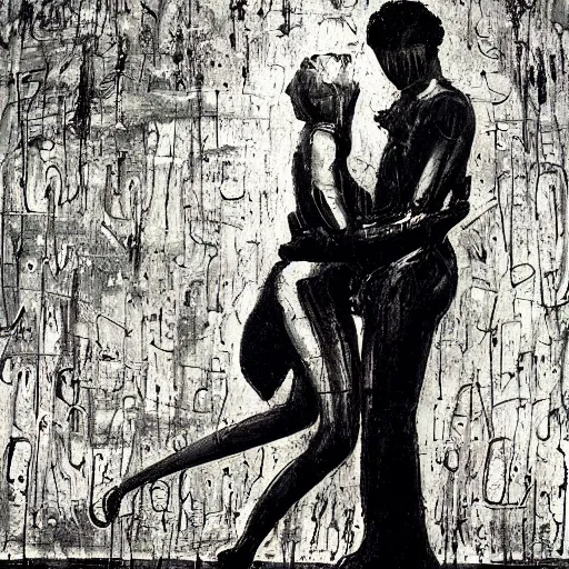 Prompt: A beatiful mixed mediart of a man and woman embracing in the rain. abstract expressionism by Jeanloup Sieff, by Ossip Zadkine tender