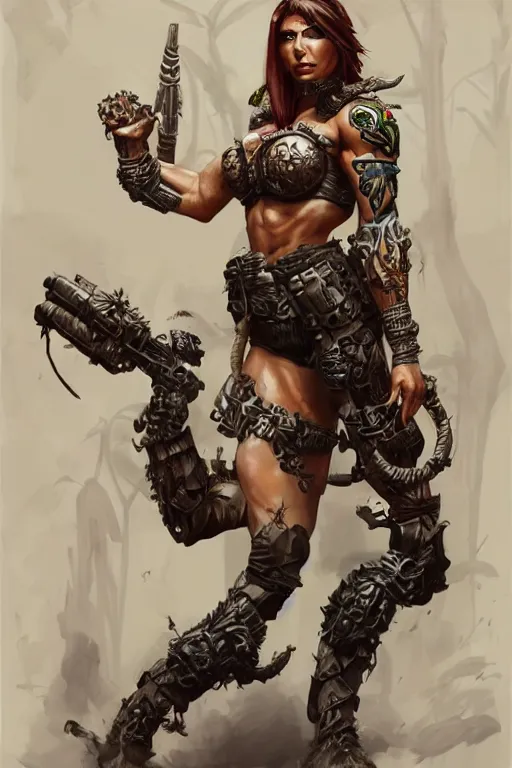 Image similar to full body portrait of a jungle fighter lady, muscular, upper body, arm tattoos, Warhammer 40k, fantasy, intricate, elegant, highly detailed, digital painting, artstation, concept art, matte, sharp focus, illustration, art by Artgerm and Greg Rutkowski and Craig Mullins and Ross Tran