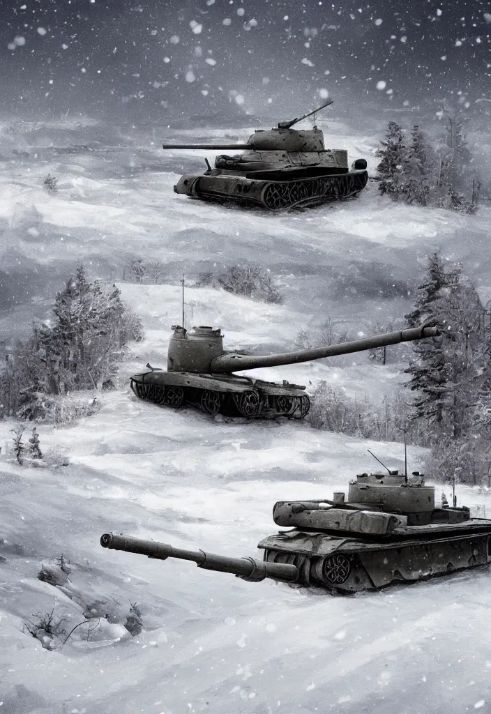 Image similar to Digital Art of a single 1914 Tank in the snow in russia, trending on artstation