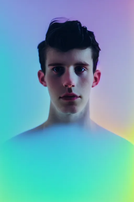 Image similar to high quality pastel coloured film mid angle selfie photograph of a beautiful young 2 0 year old male, soft features, short black hair, standing in an icelandic black rock environment. atmospheric. subsurface scattering. three point light. photographic. art directed. ( pastel colours ). volumetric light. clearcoat. waves glitch. 8 k. filmic.