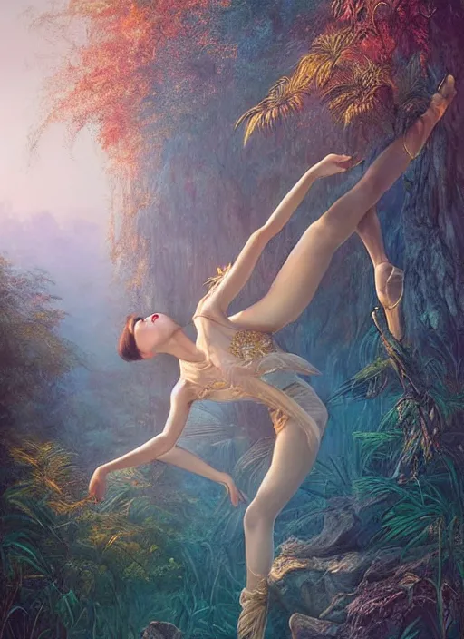 Image similar to stunningly beautiful, asian prima ballerina in jungle, golden hour, smooth, focus, highly detailed, hyper realistic, dramatic lighting, elegant, intricate, concept art, art by wlop, mars ravelo, greg rutowski