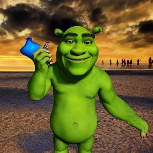 Image similar to shrek drinking alcohol on a beach