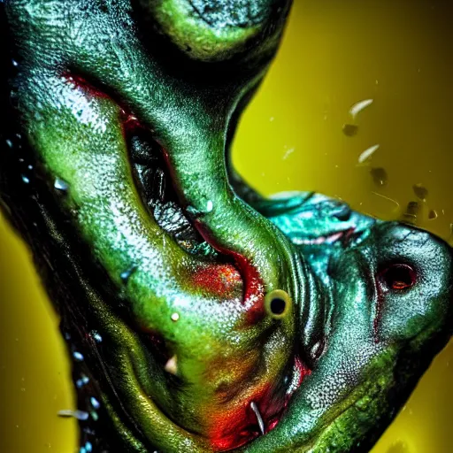 Prompt: slimy monster, long slimy tongue, dripping saliva, macro photo, fangs, red glowing skin, skin with scales, cinematic, tiny glowbugs everywhere, wasps attacking, swamp water, insanely detailed, dramatic lighting