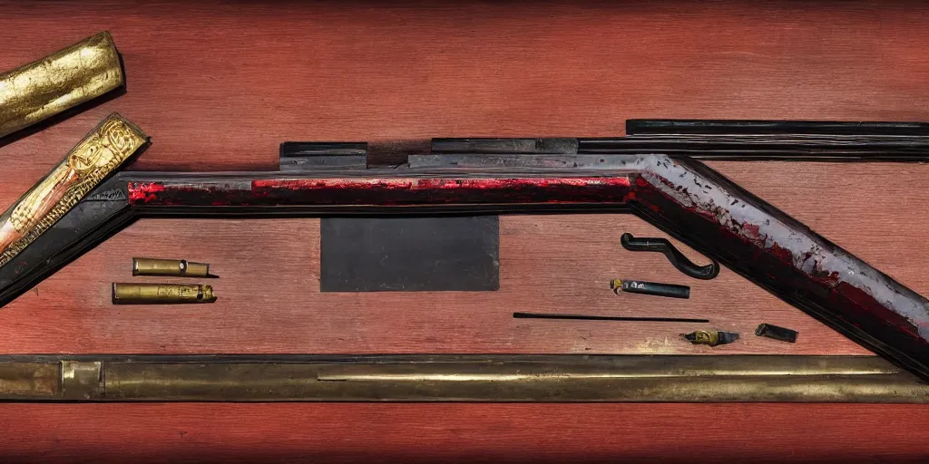 Image similar to a shotgun made from glossy red - painted wood and elements of gold metalwork