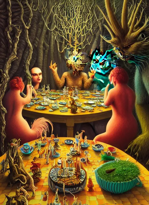 Prompt: hyper detailed 3d render, Oil painting, a decadent fairy dinner party - where the wild things are by Jacek Yerka, Mariusz Lewandowski, Houdini algorithmic generative render, Abstract brush strokes, Masterpiece, Edward Hopper and James Gilleard, Zdzislaw Beksinski, Mark Ryden, Wolfgang Lettl, hints of Yayoi Kasuma, octane render, 8k