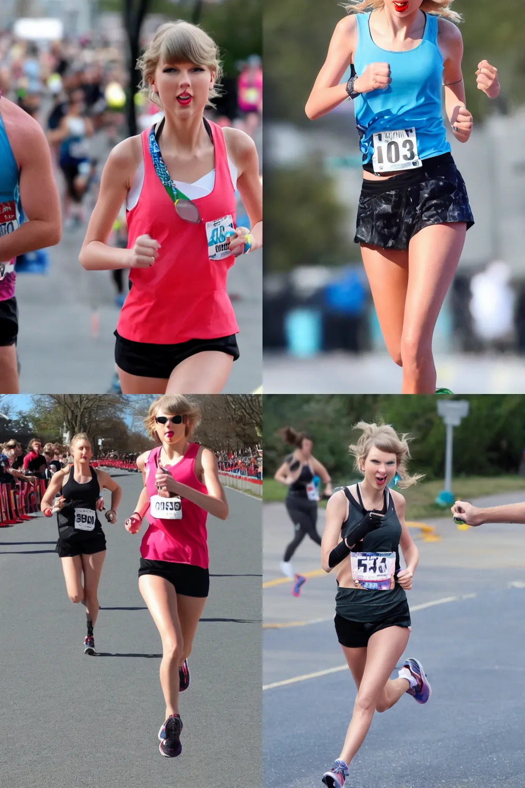 Prompt: close-up photo of Taylor Swift running a marathon