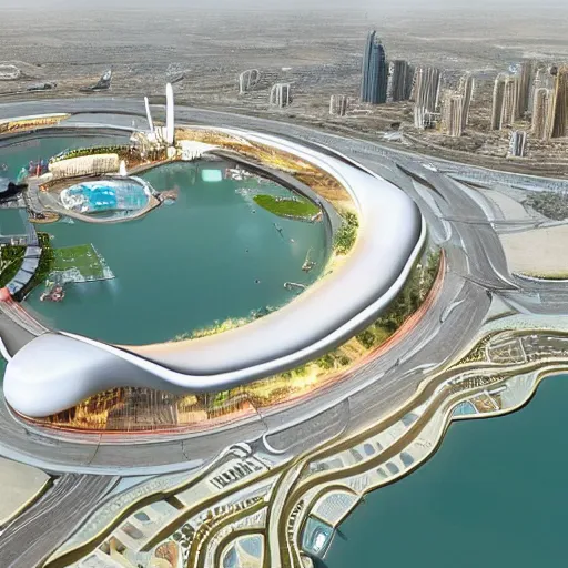 Prompt: giant toilet arch vis of dubai city of the future named toilet land