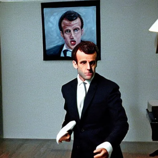 Image similar to highly realistic painting of Emmanuel Macron in American Psycho (1999)