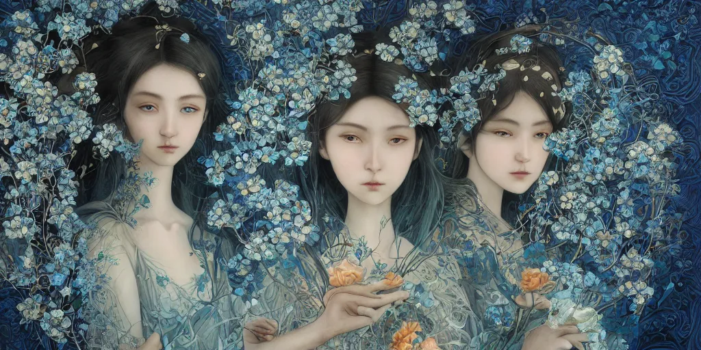 Image similar to breathtaking detailed concept art painting of the goddesses of nemophila flowers, orthodox saint, with anxious, piercing eyes, ornate background, amalgamation of leaves and flowers, by Hsiao-Ron Cheng, James jean, Miho Hirano, Hayao Miyazaki, extremely moody lighting, Black paper, cut paper texture, Full of light-blue and silver and white layers, 8K