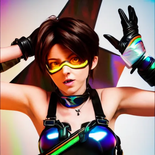 Image similar to full body digital artwork of tracer overwatch, wearing black iridescent rainbow latex tank top, 4 k, expressive happy smug expression, makeup, in style of mark arian, wearing detailed black leather collar, chains, black leather harness, leather cuffs around wrists, detailed face and eyes,