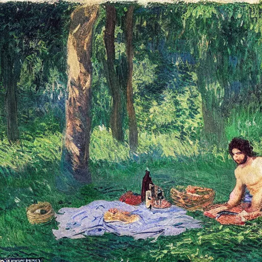 Image similar to “ a masterpiece painting of jon snow and a sloth having a picnic in central park by monet, ultra detailed, hd ”