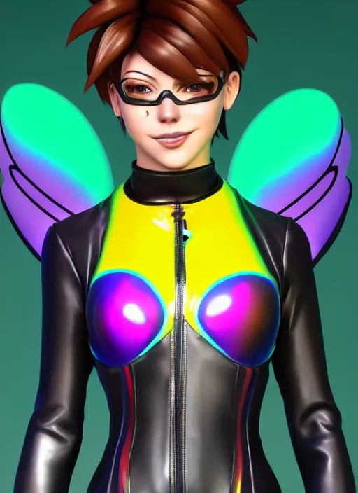 Image similar to portrait bust digital artwork of tracer overwatch, wearing iridescent rainbow latex and leather straps catsuit outfit, 4 k, expressive happy smug expression, makeup, in style of mark arian, angel wings, wearing detailed leather collar, chains, black leather harness, detailed face and eyes,