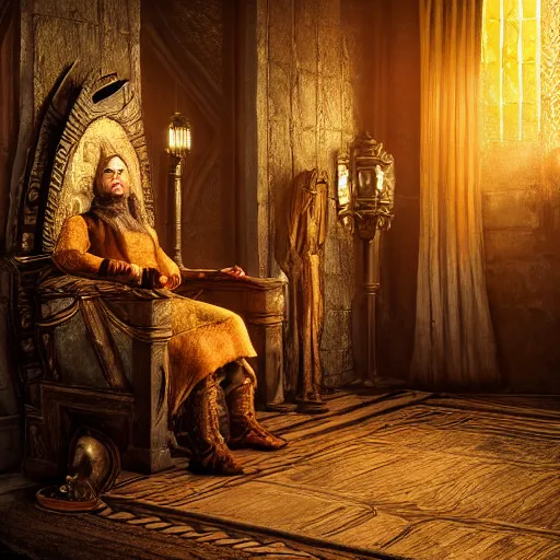 Image similar to the elder scrolls vi majestic gracious jarl portrait, rustic throne room, painted, dark room, one point of light coming through the window, atmospheric lighting, painted, intricate, volumetric lighting, beautiful, golden hour, sharp focus, ultra detailed, by mark kent, jordan lamarre - wan, igor kieryluk, maxim verehin, miranda meeks