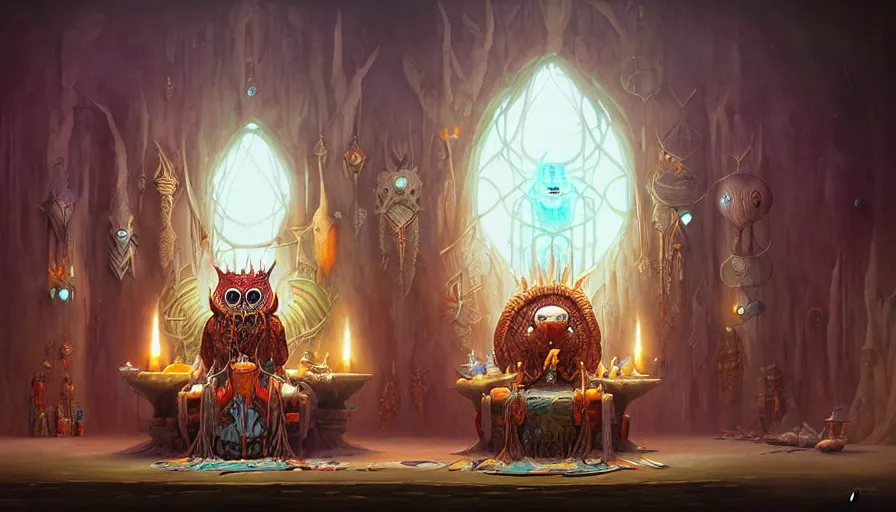 Prompt: Throne Room of the Shaman Owl King, by Peter Mohrbacher