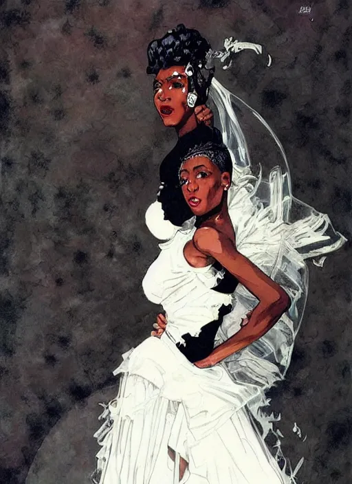 Image similar to a copic maker art nouveau portrait of a black girl detailed features wearing futuristic wedding dress with a puffy skirt designed by balenciaga by john berkey, norman rockwell akihiko yoshida