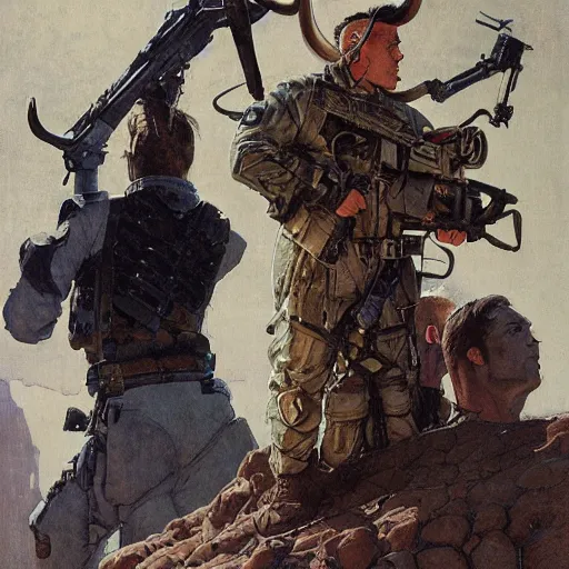 Prompt: a tactical soldier with his back to the viewer, looks up to see a giant woman with horns, by jon foster, gerald brom, wayne barlowe, and norman rockwell