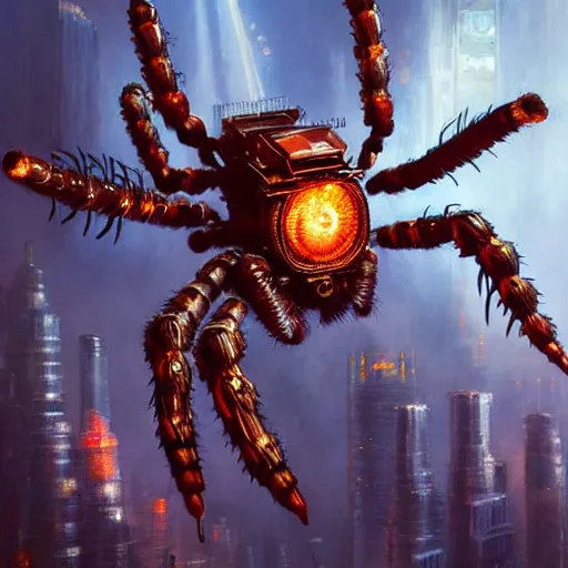 Image similar to beautiful oil painting with high detail of a mechanical spider attacking city and art direction by James Cameron ;by artgerm; wayne reynolds art station; cinematic quality character action render; ultra high quality model; production quality cinema model; flaming plasma aesthetic
