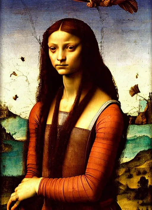 Prompt: renaissance portrait of a girl with long hair and demon wings in front of a post - apocalyptic landscape, art by leonardo da vinci, raffaello, donatello