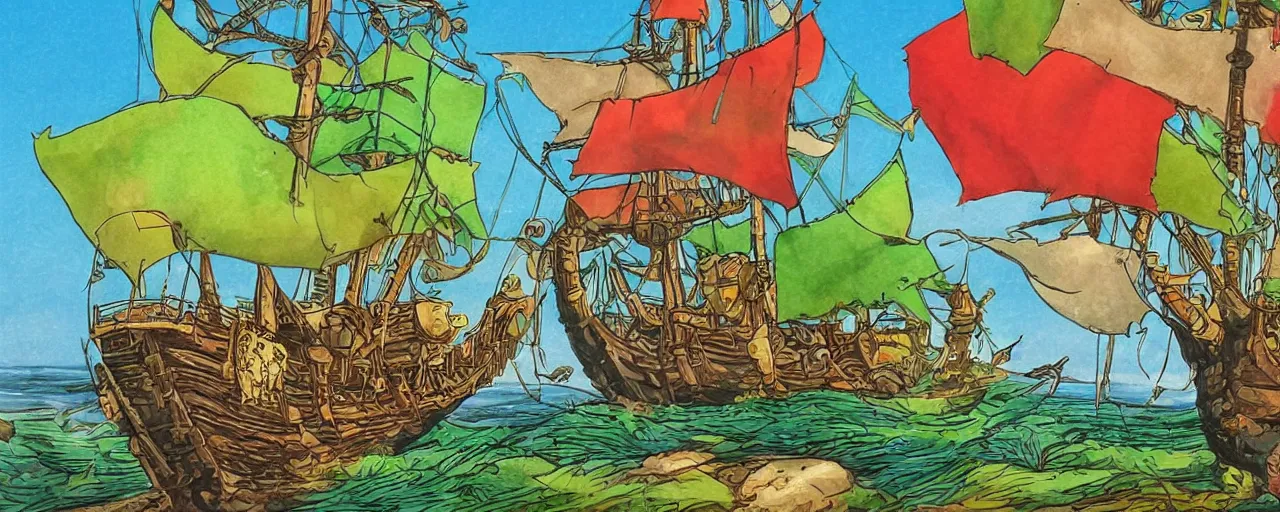 Image similar to A quaint pirate ship that has a green fruit tree in the middle of it, manga, bold complementary colours, 2D matte,