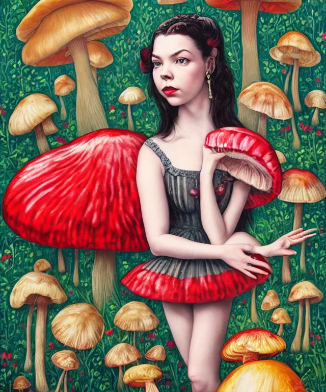 Image similar to portrait of Anya Taylor-Joy in wonderland, giant mushrooms, lowbrow painting by Mark Ryden