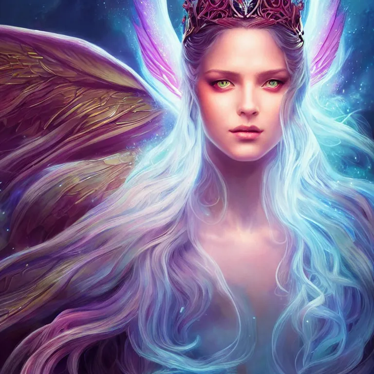 Image similar to beautiful cinematic fantasy poster, a beautiful princess queen with dark rainbow angel wings with flowing illuminated hair, beautiful glowing galaxy eyes, wideshot ultrawide angle epic scale, hybrid from The Elden Ring and art direction by Darius Zawadzki ;by artgerm; wayne reynolds art station; cinematic quality character render; low angle; ultra high quality model; production quality cinema model;