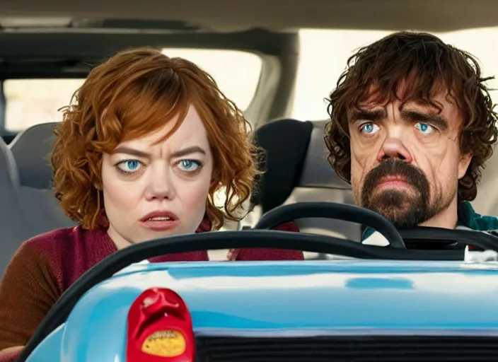 Prompt: peter dinklage and emma stone driving a little tikes cozy coupe, movie still, from the new smokey and the bandit movie, 8 k, realistic