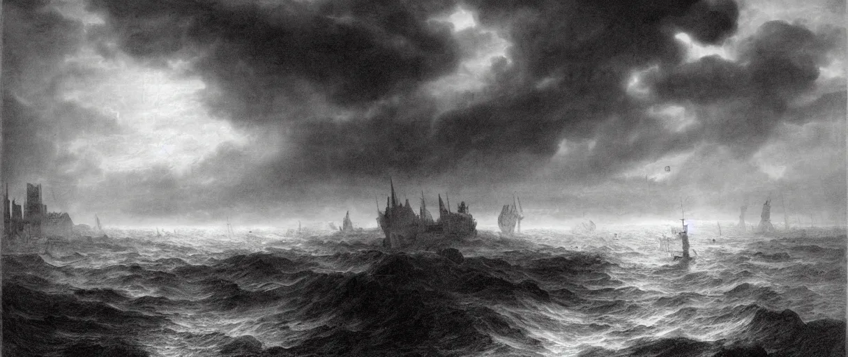 Prompt: an engraving portrait of dagon, caspar david friedrich, foggy, depth, strong shadows, stormclouds, illuminated focal point, highly detailed