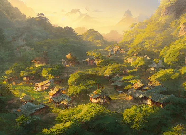 Image similar to concept art painting of a small woodland village in a valley seen from above, european japanese buildings, early morning, cel shaded, detailed, realistic, by makoto shinkai and moebius and greg rutkowski and james gurney