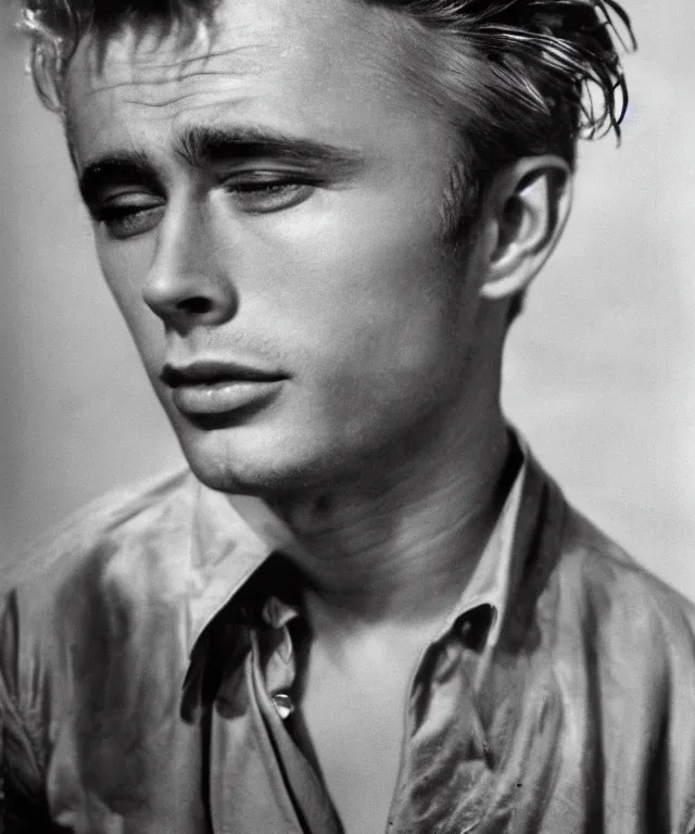 Image similar to a color photograph of james dean, by thomas ruff, platinum blond, intense, bold, exaggerated, overblown, ultra sharp, extra details, ultra high quality, trending on pinteresst