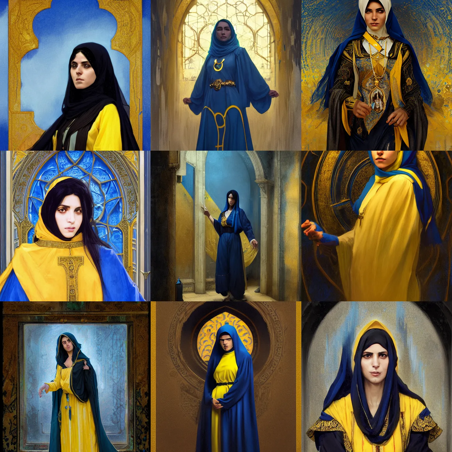 Prompt: portrait of a middle - eastern female cleric with straight black hair wearing blue and yellow vestments exploring dark and sinister old tomb, half body, fantasy, highly detailed, digital painting, artstation, concept art, character art, art by greg rutkowski and tyler jacobson and alphonse mucha