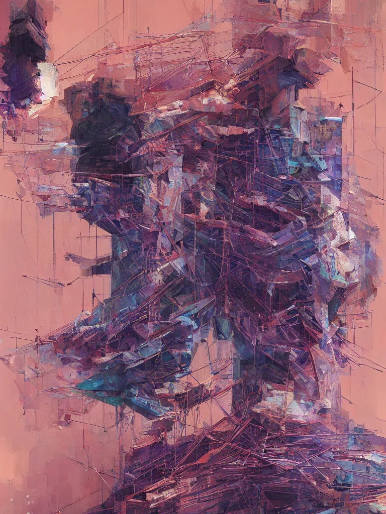 Image similar to a beautiful glitched geometric painting by robert proch and emilio pettoruti of an anatomy structure study of the human nervous system on top of rectangle shapes, color bleeding, pixel sorting, copper oxide and rust materials, brushstrokes by jeremy mann, dramatic lighting, pastel purple background