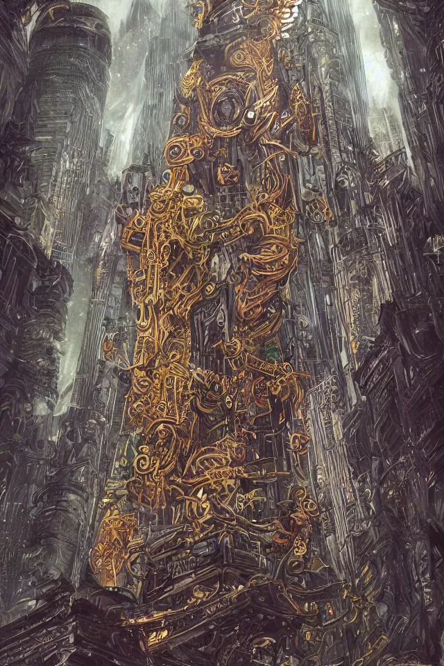 Image similar to Menacing tower, maximalist, high detail, 8k, ornate, dark fantasy, realistic, masterpiece, Trending on art station, complex, tarot card WLOP