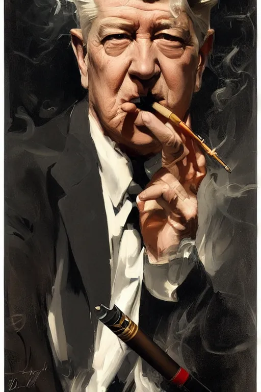 Image similar to david lynch smoking cigarette, billowing smoke, painting by jc leyendecker!! phil hale!, angular, brush strokes, painterly, vintage, crisp