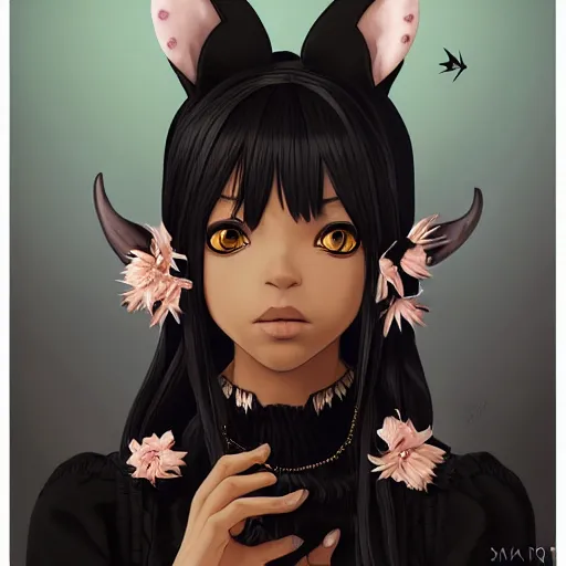 Image similar to a stunning portrait of a black - skinned witch with cat ears wearing an ornate flower dress, beautiful flower dress, by makoto shinkai, wlop, mars ravelo, summer vibes, very coherent symmetrical artwork, perfect face, studio lighting, smooth, sharp focus, 4 k, masterpiece, trending on artstation
