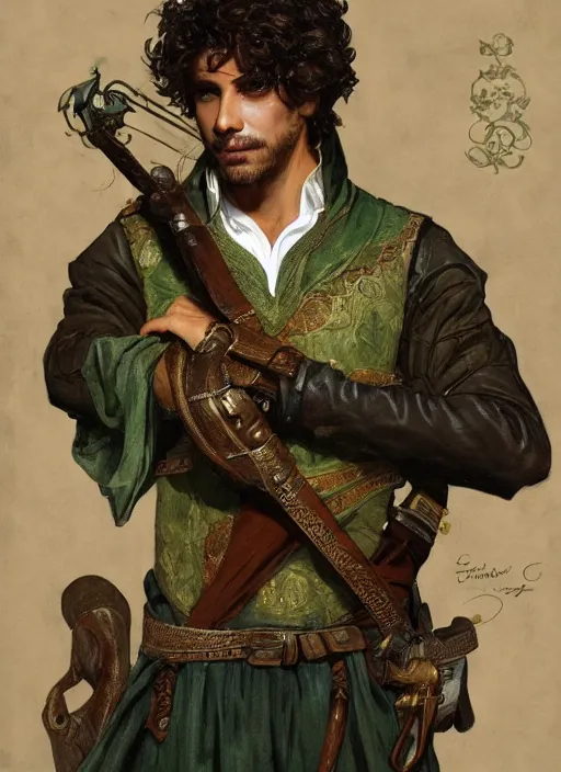 Image similar to medium-length portrait of a male bard with short curly hair and brown eyes, dark brown skin, happy expression, wears a combination of dark green tunic and boiled leather, medieval setting, highly detailed, digital painting, artstation, concept art, sharp focus, illustration, art by greg rutkowski and alphonse mucha