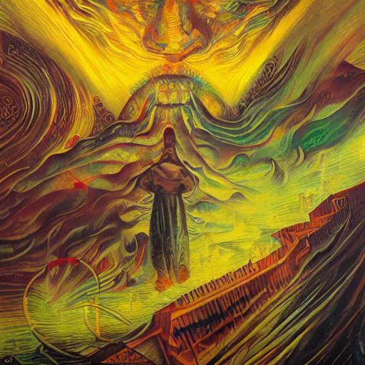 Image similar to god of fire, fog, surreal by dan mumford and umberto boccioni, oil on canvas