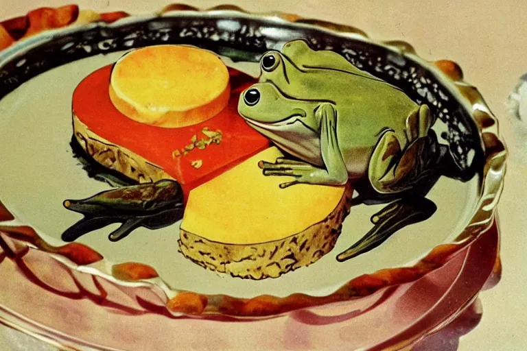 Image similar to anime frog and cheese aspic, cookbook photo 1 9 8 2,