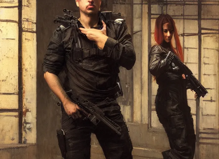 Image similar to sophia evades sgt Griggs. Cyberpunk hacker wearing jumpsuit escaping police troopers (blade runner 2049). Gorgeous face. Iranian orientalist portrait by john william waterhouse and Edwin Longsden Long and Theodore Ralli and Nasreddine Dinet, oil on canvas. Cinematic, hyper realism, realistic proportions, dramatic lighting, high detail 4k
