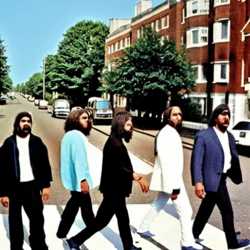 Prompt: the rap group NWA walking across the Abbey road crosswalk