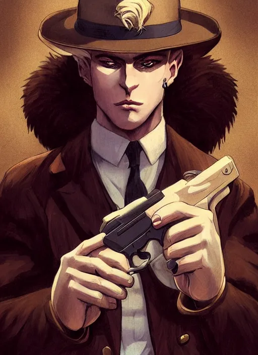 Image similar to aesthetic portrait commission of a of a male fully furry muscular anthro albino lion holding a glock close to his head wearing attractive brown and black cotton detectives outfit in vintage 1900's London city, sepia filter. Character design by charlie bowater, ross tran, artgerm, and makoto shinkai, detailed, inked, western comic book art, award winning film poster painting