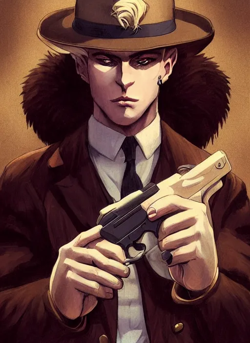 Prompt: aesthetic portrait commission of a of a male fully furry muscular anthro albino lion holding a glock close to his head wearing attractive brown and black cotton detectives outfit in vintage 1900's London city, sepia filter. Character design by charlie bowater, ross tran, artgerm, and makoto shinkai, detailed, inked, western comic book art, award winning film poster painting