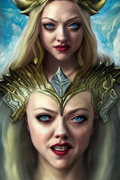 Image similar to A fantasy comic book style, composite portrait painting of Amanda Seyfried, Cory Chase as an Atlantean, Reptilian Warrior, Mystical Valkyrie, Armor, Sword, Spear, Sheild, François Boucher, Oil Painting, unreal 5, DAZ, hyper realistic, Photorealistic, octane render, Regal, Refined, Coherent, Detailed Digital Art, RPG portrait, William-Adolphe Bouguereau, Michael Cheval, Walt Disney (1937), Steampunk, Golden dappled dynamic lighting, Highly Detailed, Theophanic atmosphere, Cinematic Lighting, Unreal Engine, 8k, HD