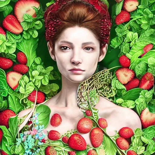 Image similar to the portrait of an absurdly beautiful, graceful, elegant, sophisticated woman made of strawberries and green petals, an ultrafine hyperdetailed illustration by kim jung gi, irakli nadar, fitness model, intricate linework, bright colors, octopath traveler, final fantasy, unreal engine 5 highly rendered, global illumination, radiant light, detailed and intricate environment