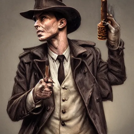 Image similar to dark fantasy character portrait of a 1940s Investigator wearing a brown trenchcoat and fedora smoking a cigar, dystopian mood, intricate, wild, highly detailed, digital painting, artstation, upper body, concept art, smooth, sharp focus, illustration, art by artgerm and greg rutkowski and alphonse mucha