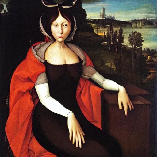 Image similar to the renaissance painting of a female anthropomorphic black fox, sitting and wearing a renaissance socialite dress