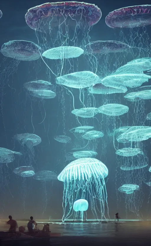 Prompt: giant glowing jellyfish made of fish with a transparent wet shell, watching over a sunken ancient city, photorealistic, 4K detailed post-processing, cinematic light, intricate detail, octane render
