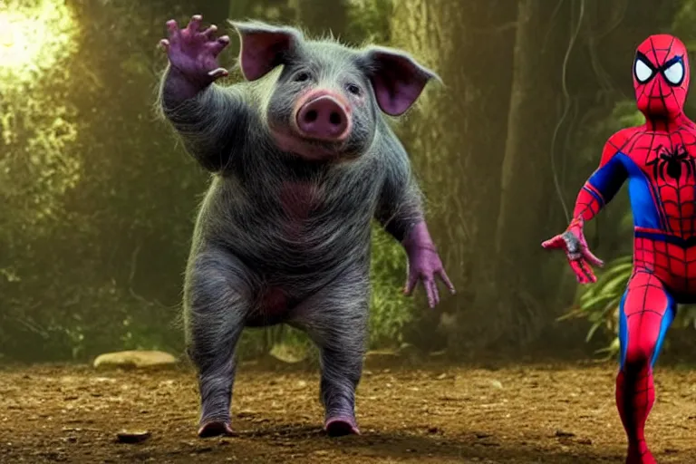 Image similar to full body live action pig wearing spandex spider-man costume, ultra realistic, 4K, movie still, UHD, sharp, cinematic