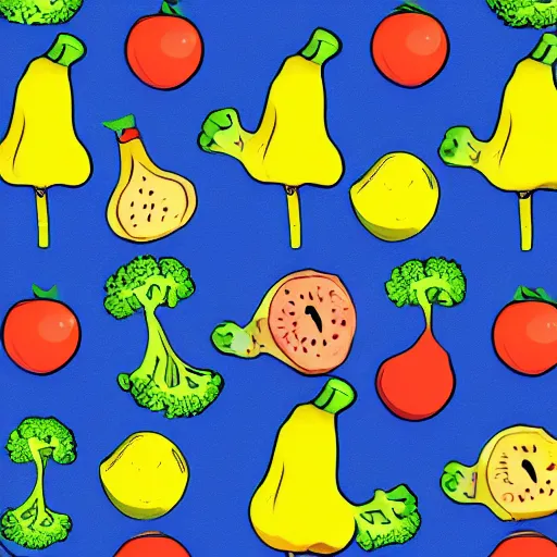 Image similar to dancing fruit, broccoli, banana, they are dancing, children illustration, 2D